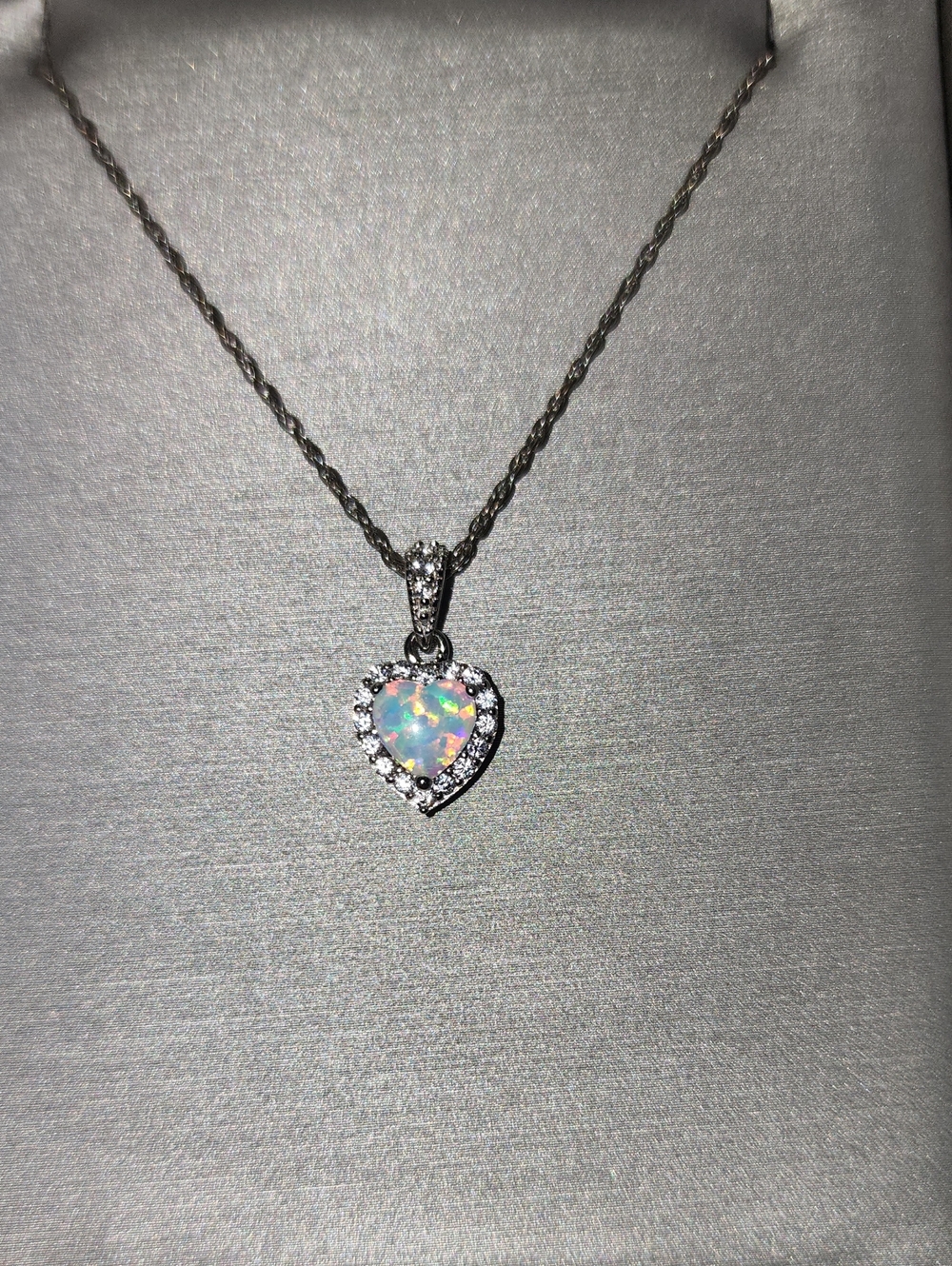Heart Opal Pendant Necklace - White Opal Accent. Approximate 18 Inches .925